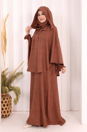 Keten Sufleli Elbise Takım 6067 Taba