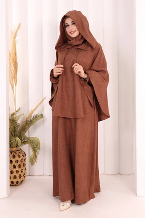 Keten Sufleli Elbise Takım 6067 Taba