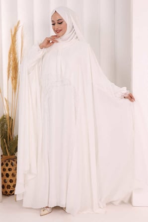 Dantel Detaylı Elbise Abaya Takım ŞAL HEDİYELİ! 6070 Ekru