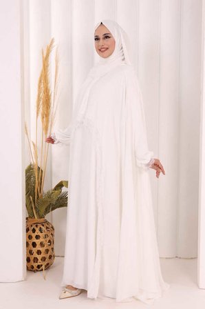 Dantel Detaylı Elbise Abaya Takım ŞAL HEDİYELİ! 6070 Ekru