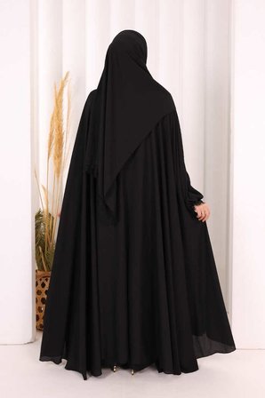Dantel Detaylı Elbise Abaya Takım ŞAL HEDİYELİ! 6070 Siyah
