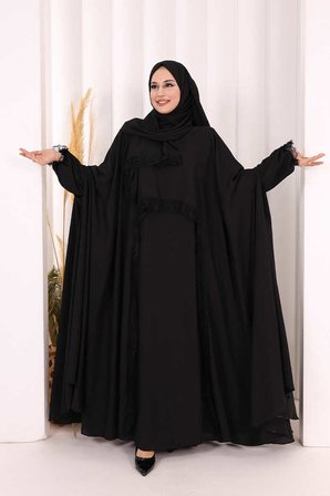 Dantel Detaylı Elbise Abaya Takım ŞAL HEDİYELİ! 6070 Siyah