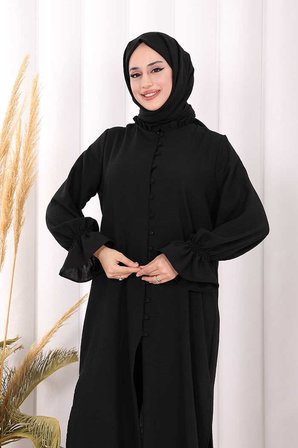Düğme Detay Tunik Pantolon Takım ŞAL HEDİYELİ! 8023 Siyah