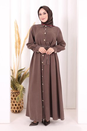 Gold Düğmeli Elbise 7065 Kahverengi