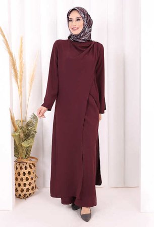 Tek Omuz Gold Toka Detaylı Tunik Pantolon Takım 8698 Mürdüm