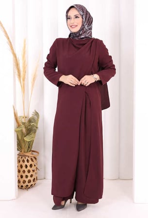 Tek Omuz Gold Toka Detaylı Tunik Pantolon Takım 8698 Mürdüm