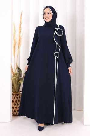 Gül ve Şerit Detaylı Elbise Şal Hediyeli 6065 Lacivert