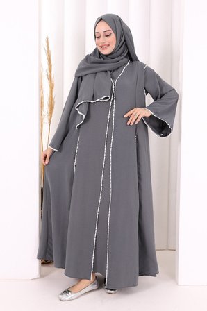 Dantel Şeritli Abaya Elbise Şal Üçlü Takım 6074 Antrasit
