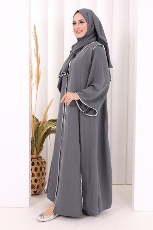 Dantel Şeritli Abaya Elbise Şal Üçlü Takım 6074 Antrasit