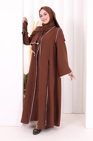 Dantel Şeritli Abaya Elbise Şal Üçlü Takım 6074 Kahverengi