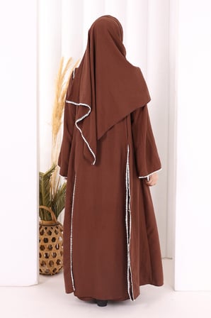 Dantel Şeritli Abaya Elbise Şal Üçlü Takım 6074 Kahverengi