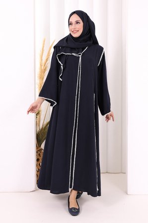 Dantel Şeritli Abaya Elbise Şal Üçlü Takım 6074 Lacivert