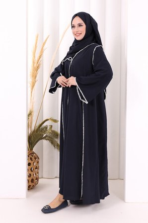 Dantel Şeritli Abaya Elbise Şal Üçlü Takım 6074 Lacivert