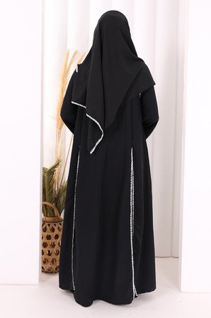 Dantel Şeritli Abaya Elbise Şal Üçlü Takım 6074 Siyah