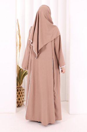 Dantel Şeritli Abaya Elbise Şal Üçlü Takım 6074 Somon