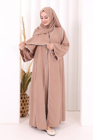 Dantel Şeritli Abaya Elbise Şal Üçlü Takım 6074 Somon