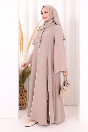 Dantel Şeritli Abaya Elbise Şal Üçlü Takım 6074 Vizon