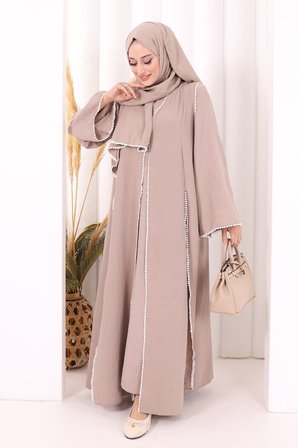 Dantel Şeritli Abaya Elbise Şal Üçlü Takım 6074 Vizon