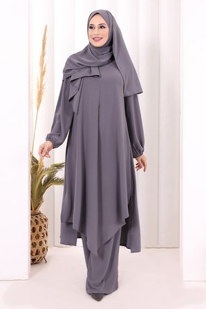 Umre Dubai Tunik Pantolon Takım ŞAL HEDİYE  8003 Gri