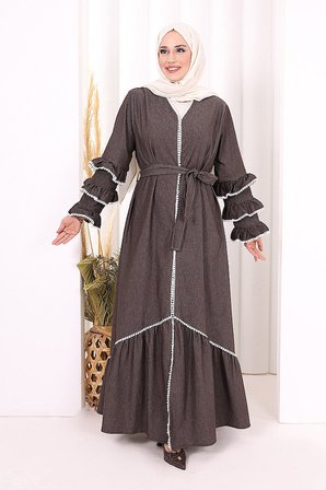Fırfır Detaylı Abaya 6078 Kahverengi