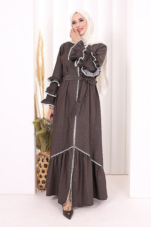 Fırfır Detaylı Abaya 6078 Kahverengi