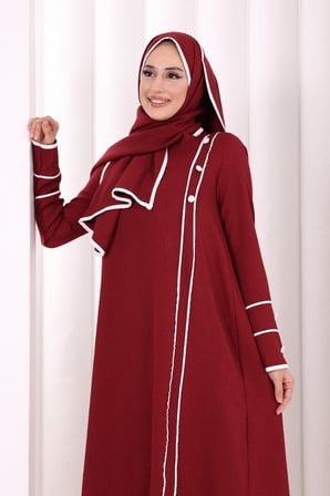 Düğme ve Şerit Detay Elbise Şal Hediye! 6060 Bordo