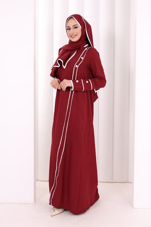 Düğme ve Şerit Detay Elbise Şal Hediye! 6060 Bordo