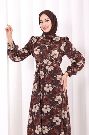 Belden Bağlamalı Desenli Elbise 6075 Kahverengi