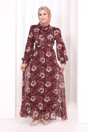 Belden Bağlamalı Desenli Elbise 6075 Mürdüm