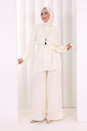 Kolyeli Tunik Pantolon Takım 8027 Ekru