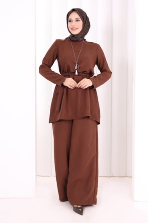 Kolyeli Tunik Pantolon Takım 8027 Kahverengi