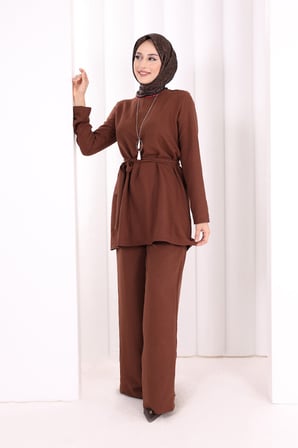 Kolyeli Tunik Pantolon Takım 8027 Kahverengi