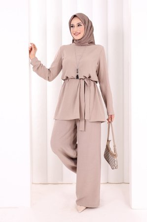 Kolyeli Tunik Pantolon Takım 8027 Vizon