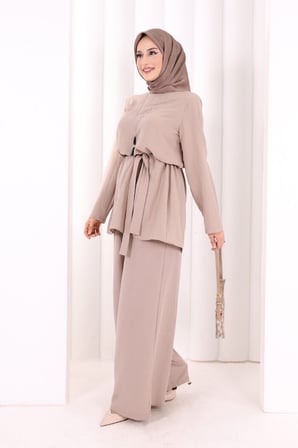 Kolyeli Tunik Pantolon Takım 8027 Vizon