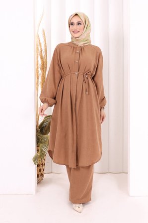 Hac Umre Keten Tunik Pantolon Takım 8013 Taba