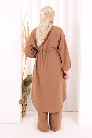 Hac Umre Keten Tunik Pantolon Takım 8013 Taba