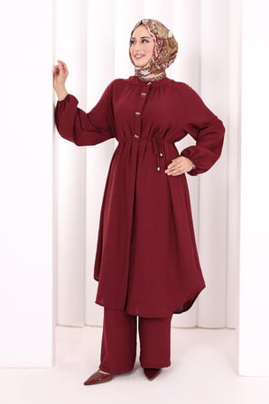 Hac Umre Keten Tunik Pantolon Takım 8013 Bordo