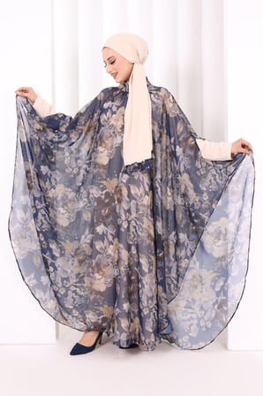 Desenli Şallı Elbise 6076 Lacivert