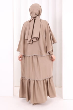 Güpür Detay Pelerinli Elbise 6079 Vizon