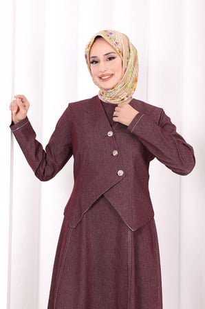 Yelekli Denim Elbise 6081 Bordo