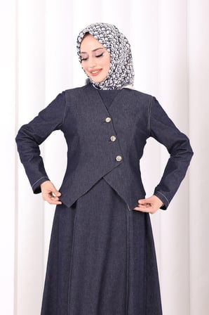 Yelekli Denim Elbise 6081 Lacivert