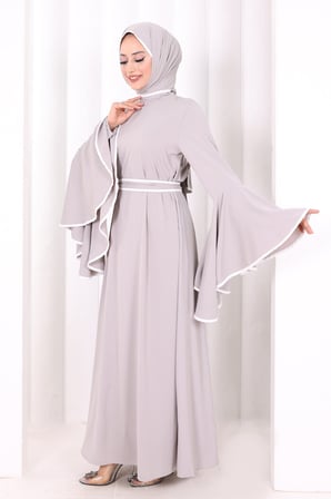 Kol Fırfır Şerit Detaylı Şallı Elbise 6084 Gri