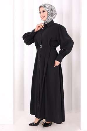 Kemerli Kloş Elbise 7073 Siyah