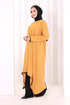 Tunik Şal ve Pantolon Üçlü Takım 8030 Hardal