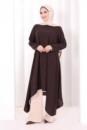 Tunik Şal ve Pantolon Üçlü Takım 8030 Kahverengi