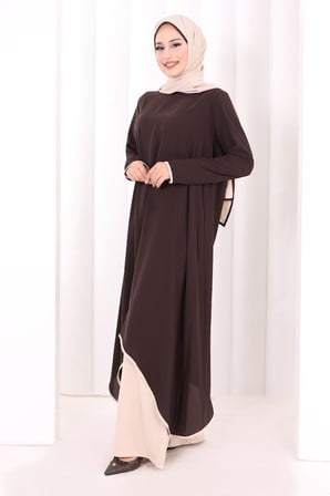 Tunik Şal ve Pantolon Üçlü Takım 8030 Kahverengi