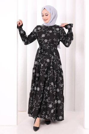 Çiçekli Nakışlı Elbise 6091 Ekru