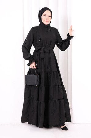 Çiçekli Nakışlı Elbise 6091 Siyah