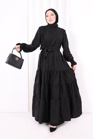 Çiçekli Nakışlı Elbise 6091 Siyah
