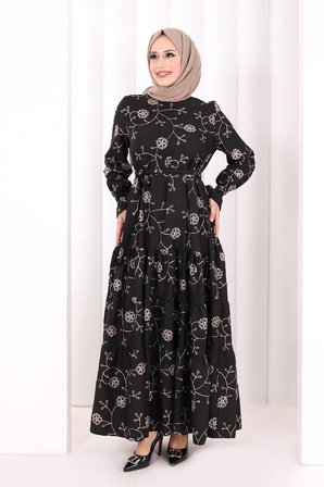 Çiçekli Nakışlı Elbise 6091 Vizon